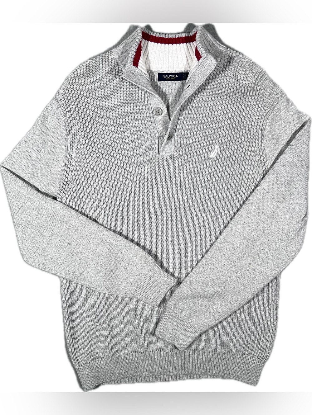 Nautica Button Neck Henley Knit Pullover Sweater – Gray Cotton – Long Sleeve – L